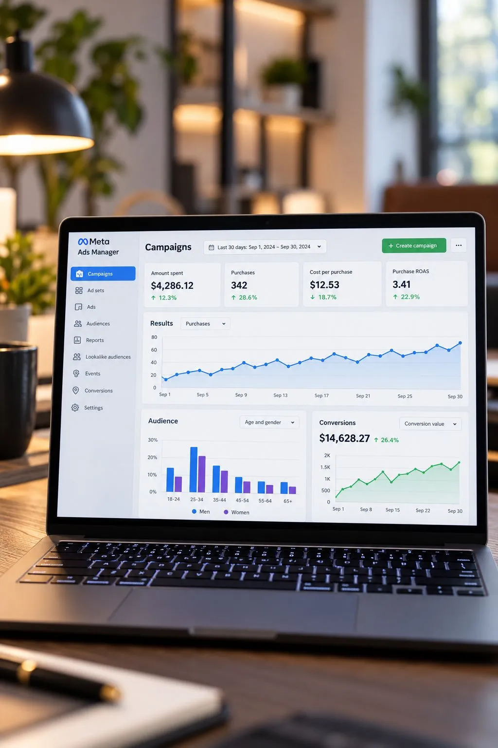 Laptop displaying paid advertising campaign performance and growth charts