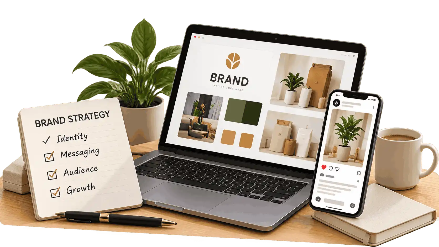 Brand strategy workspace with laptop, mood board and brand materials