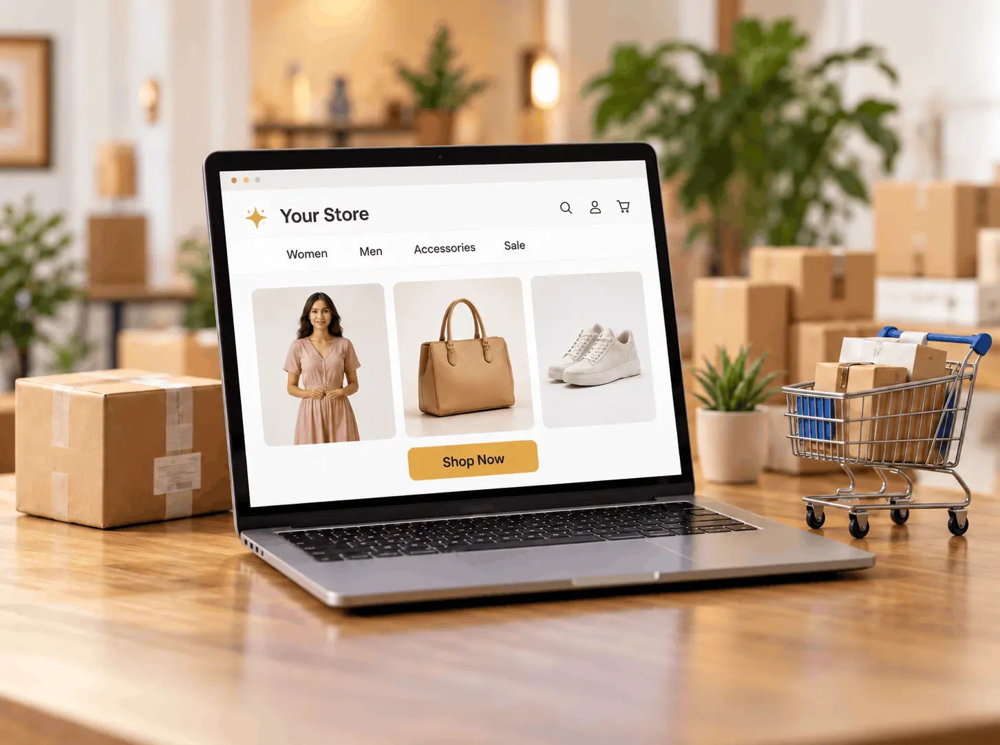 Cozy e-commerce studio workspace with product storefront and shopping cart