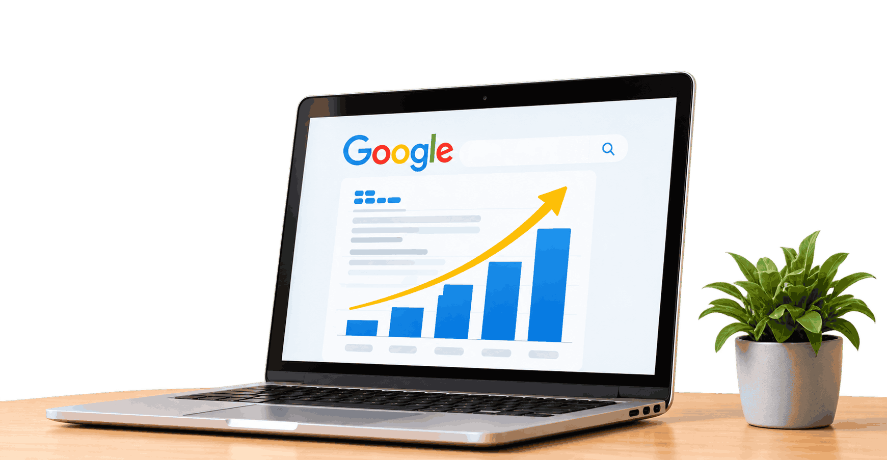 Laptop showing search engine ranking growth beside a green plant